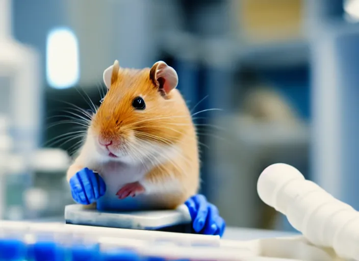 Image similar to film still of a hamster working in a research lab filling test tubes, 8 k