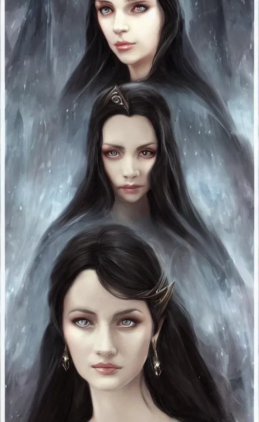 Image similar to luthien, princess of doriath, fairest maiden to have ever lived, stunningly beautiful, black hair, elven, beautiful eyes, portrait, artstation, wonderful lighning