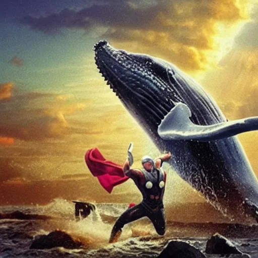 Prompt: thor punching a whale while wearing rabbit ears