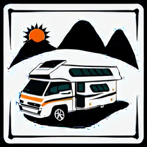 Image similar to minimal vector art sticker of a white and black cute thor chateau! motorhome camper!!, mountains, colorful sunset!!, thick lines, very minimal vector art, sticker!! by tom whalen
