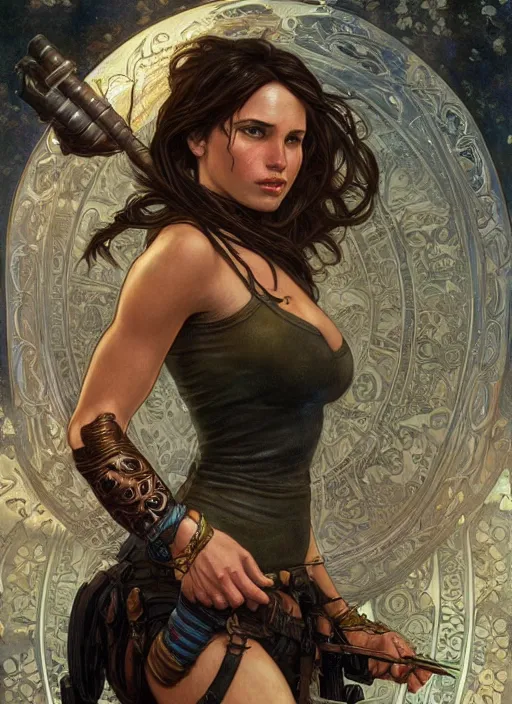 Image similar to Lara Croft as a beautiful woman, fantasy, intricate, elegant, highly detailed, centered, digital painting, artstation, concept art, smooth, sharp focus, illustration, art by artgerm and donato giancola and alphonse mucha