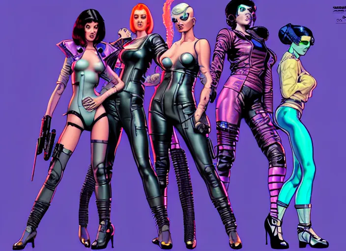 Image similar to cyberpunk femme fatale gang. portrait by stonehouse and mœbius and will eisner and gil elvgren and pixar. character design. realistic proportions. cyberpunk 2 0 7 7 character art, blade runner 2 0 4 9 concept art. cel shading. attractive face. thick lines. the team. diverse characters. artstationhq.