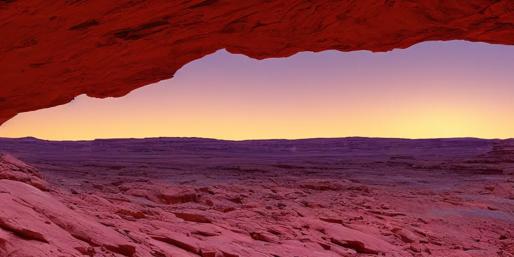 Image similar to a view looking out of a cave of a dried up river bend running through a canyon surrounded by desert mountains at sunset on mars, purple sky, two moons, planet mars, moab, utah, a tilt shift photo by frederic church, trending on unsplash, hudson river school, photo taken with provia, national geographic photo