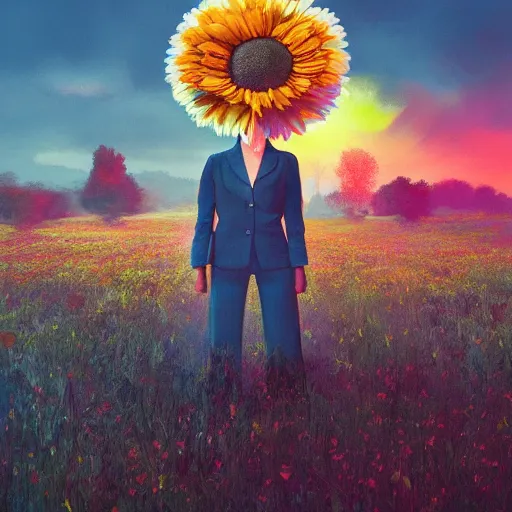 Image similar to giant daisy flower head, standing frontal, a girl in a suit, surreal photography, sunrise, dramatic light, impressionist painting, digital painting, artstation, simon stalenhag