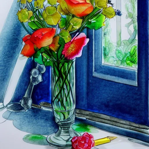 Image similar to a fancy vase with a colorful and beautiful flower arrangement by the fancy window. very stylize and delicate watercolor and pencil drawing. 3 d. beautiful lighting, 4 k post - processing, trending in art station, cg society, highly detailed, 5 k extremely detailed