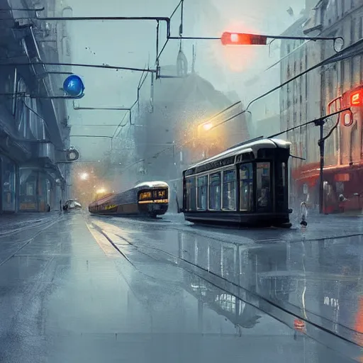 Image similar to a retro futuristic tram driving trough futuristic zurich, long shot, lumnious, magical, atmospheric, urban concept art, backlighting, by greg rutkowski *, martin mottet, maya takamura, and william turner