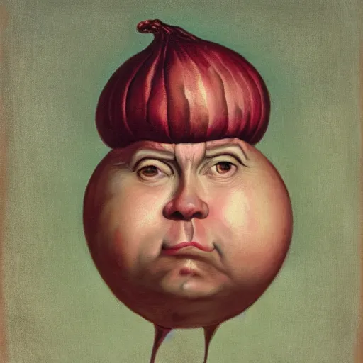 Image similar to onion man portrait, baroque painting, smug fat onion head