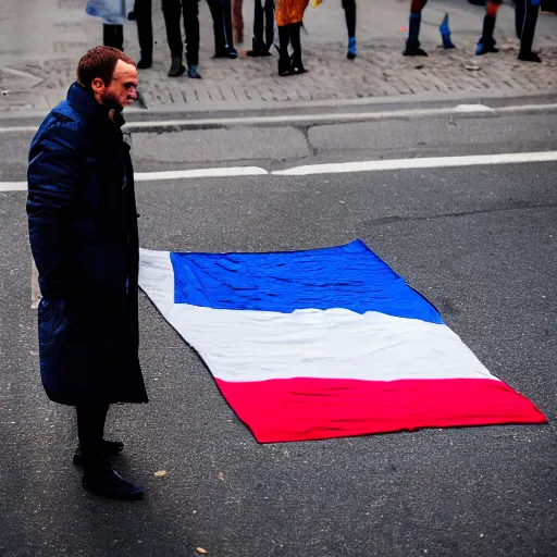 Image similar to a guy who looks like emmanuel macron urinate on a french flag in the street, 5 0 mm lens, street photography