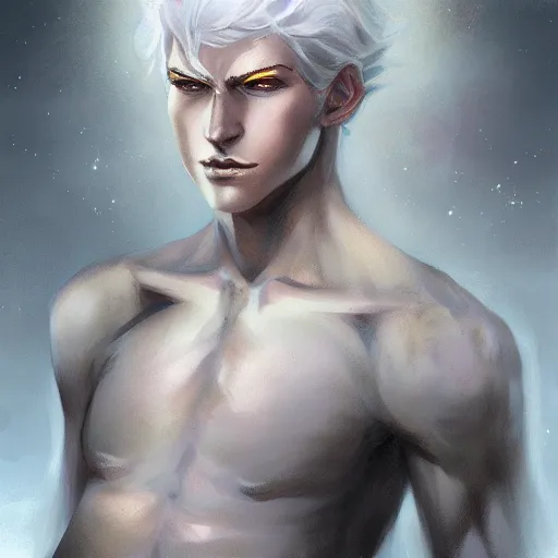 Prompt: white haired deity, godly, boy, elegant, smooth, artstation, highly detailed, pure face, by Charlie bowater