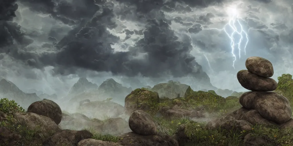 Image similar to photorealistic epic landscape with magically floating rocks, with ominous storm clouds by alphonse mucha and maxfield parrish. strange levitating stones, stones falling from the sky, swirls of mist. occult photorealism, uhd, amazing depth, glowing, volumetric lighting, cinematic lighting.