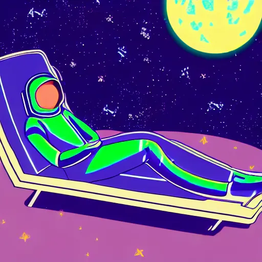 Image similar to an astronaut lounging in a tropical resort in space in a vaporwave style