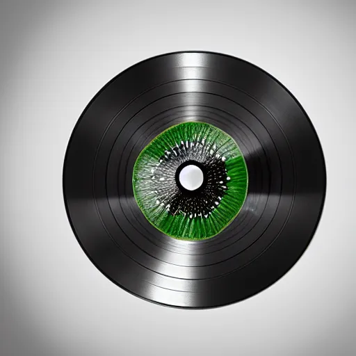 Image similar to miniaturine of vinyl turntable vinyl record in shape of huge kiwi fruit, 4 k, digital art, unreal render, hyperrealistic textures