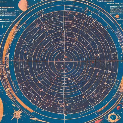 Prompt: full page scan of an intergalactic star map, 1970 movie poster, communist cuban propaganda