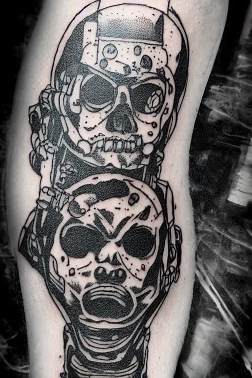 Image similar to a paranormal soldier, ouija tattoo on face, emp weapons strapped in shoulders, horror sci - fi black and white, art by kevin eastman