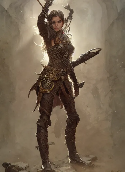 Image similar to a half elf in fireproof leather armor wearing a utility belt and goggles, D&D, fantasy, intricate, cinematic lighting, highly detailed, digital painting, artstation, concept art, smooth, sharp focus, illustration, art by Terry Moore and Greg Rutkowski and Alphonse Mucha