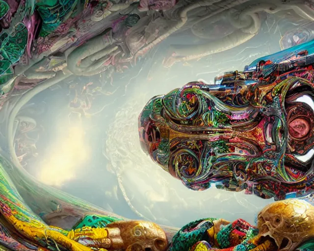 Image similar to hyperdetailed maximalist artwork by billelis inspired by oozium. Artstation. 8k 4k 64megapixels seen from below. Ant's eye perspective. Focus Giant floating alabaster skull drapped over with 1000 twirling emerald snakes. Unreal engine 5. Surreal render. Slightly blurry speedpainted minimal Swiss landscape below in the style of loish and holosomnia. Unrealistic harmonic colors. Sundown.