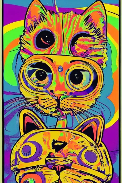 Image similar to cat in a VR helmet, 1969 psychedelic art poster, san francisco, hippie style, screen print poster