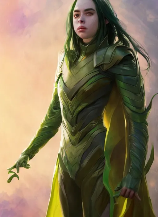 Image similar to billie eilish as female loki by Stanley Artgerm Lau, WLOP, Rossdraws, James Jean, Andrei Riabovitchev, Marc Simonetti, and Sakimichan, trending on artstation, hyper realistic, smooth render, bokeh