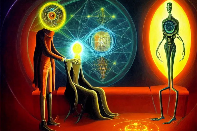 Prompt: a beautiful masterpiece painting of a cybernetic wizard discussing sentience with his AI by Remedios Varo and Anato Finnstark