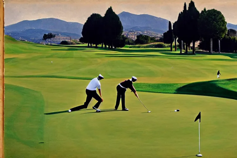 Image similar to Three golfers on beautiful driving range, Italian futurism