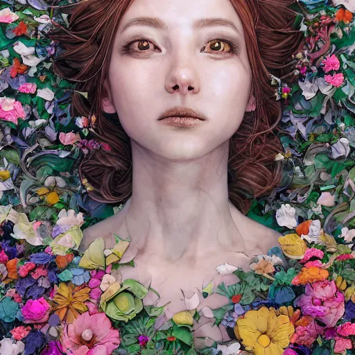 Image similar to the portrait of an absurdly beautiful, graceful, elegant, innocent woman made of petals looking up, an ultrafine detailed illustration by kim jung gi, irakli nadar, intricate linework, bright colors, octopath traveler, final fantasy, angular, unreal engine 5 highly rendered, global illumination, radiant light, detailed and intricate environment