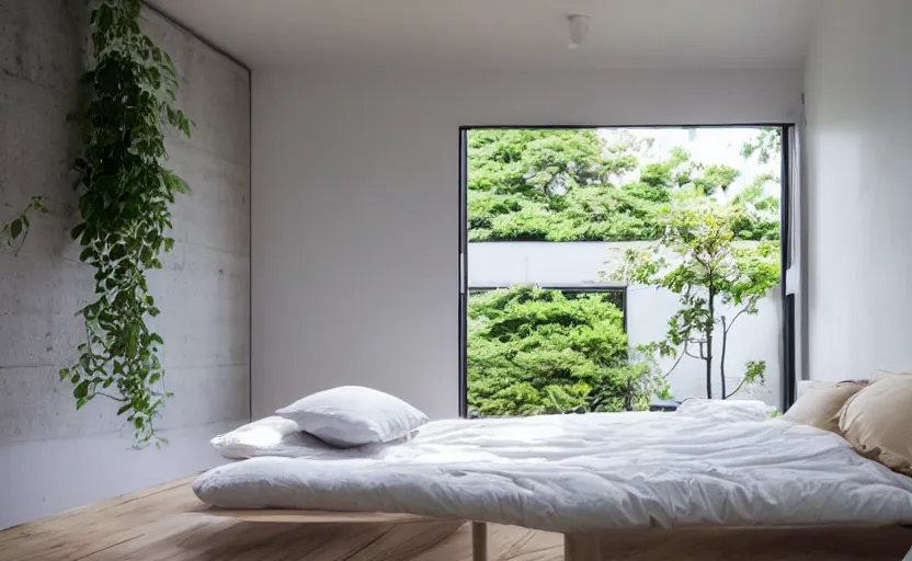 Image similar to a bright and cozy minimalist bedroom, white and pine wood, bed, cupboards, green potted plants, large window with a view of large concrete Japanese apartment blocks