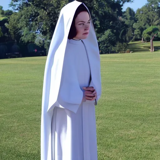 Image similar to A full body shot of Emma Stone dressed as a nun , catholic , high quality, fully detailed, 4k, inspired by handmaid's tale