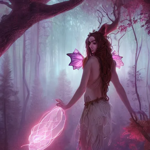 Prompt: a divine fairy druid forest goddess ascending into a new universe, in the style of wlop and vanessa lemen and charlie bowater, illustration, epic, fantasy, hyper detailed, unreal engine, ray tracing