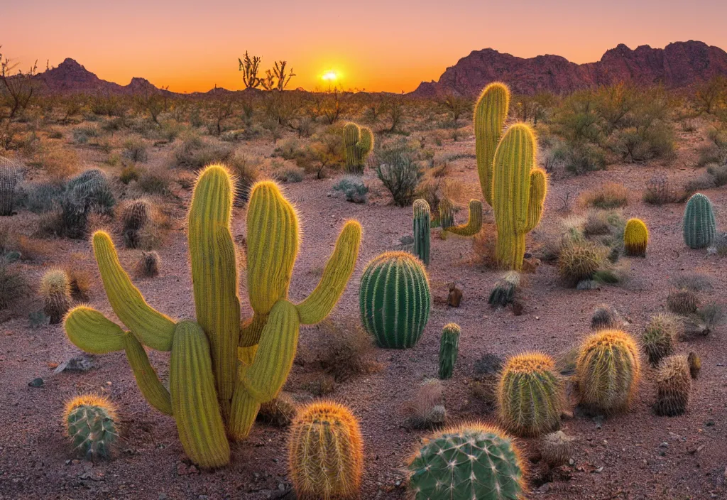 Prompt: Desert landscape at sunrise, cactus, rock formations