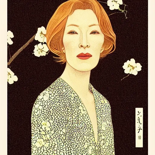 Prompt: “ cate blanchett portrait by ikenaga yasunari and ayana otake and ko rakusui, 6 0 s poster, drawing, realistic, sharp focus, japanese, dreamy, nostalgia, faded, golden hues, floral clothes, porcelain skin ”