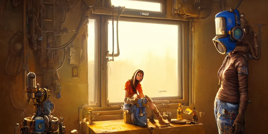 Image similar to highly detailed portrait painting of welder girl, room mono window, by eddie mendoza and tyler edlin, 8 k resolution