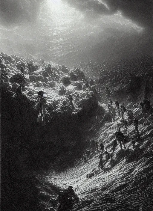 Image similar to saitama, epic scene, photorealistic, highly detailed, texture, soft light, dramatic, moody, ambient, painting by gustave dore