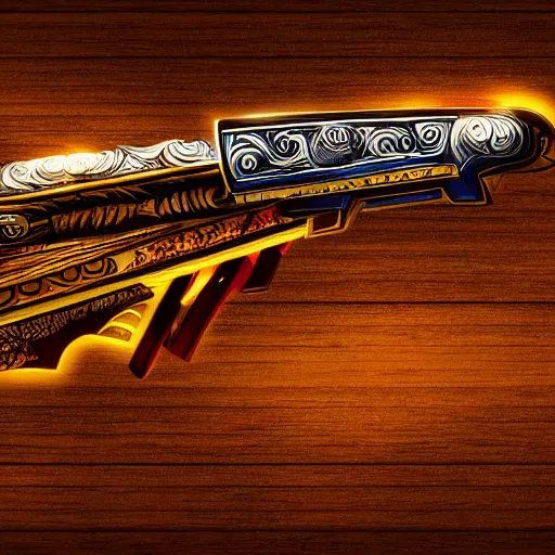 Image similar to a magic shotgun made out of wood, glowing in power, digital art, intricate details, professional