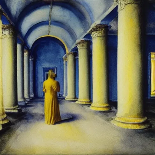 Prompt: procession in a blue and gold haunted liminal abandoned temple, watercolor by gottfried helnwein, by hammershøi, art noveau, highly detailed, lights by edward hopper, liminal, eerie, bright pastel colors