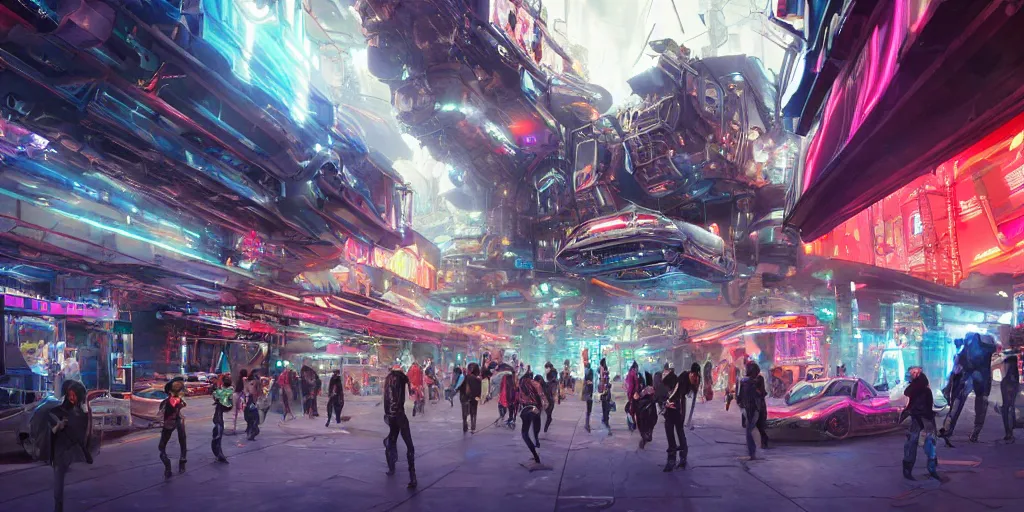 Prompt: exterior shot, ready player one, teenager hangout spot, scifi futuristic shopping mall , robots , people , neon lights, james gurney, katsuhiro otomo, james paick, cinematic lighting, artstation, vibrant nature, anime style, Craig Mullins, Greg Rutkowski, Pete Morbacher, Tuomas Korpi, tekkon kinreet, volumetric light, artstation, , octane render, redshift render, low angle camera