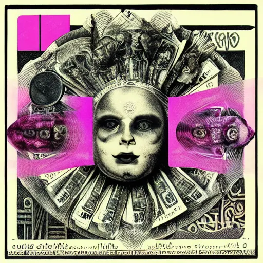 Prompt: post - punk new age album cover, asymmetrical design, dollar bank notes, magic, apocalypse, psychedelic, black white pink, magic, giger h. r., giuseppe arcimboldo