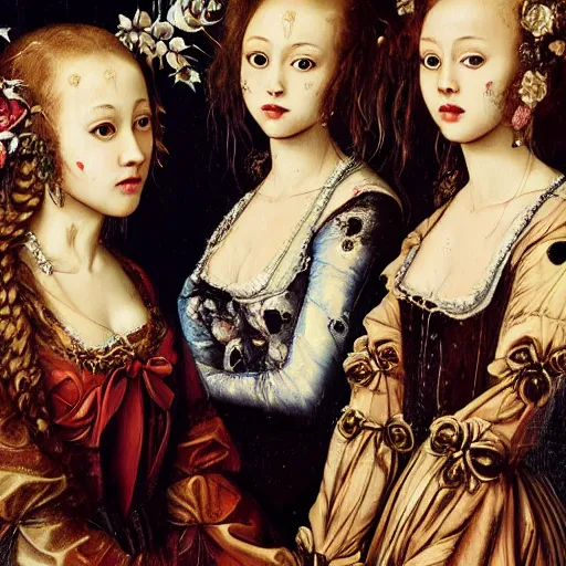 Image similar to renaissance, baroque oil painting brushstrokes, group of creepy young ladies wearing renaissance long harajuku manga dress with flowers and skulls, background chaotic flowers