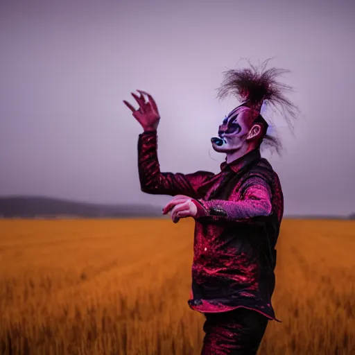 Image similar to man wearing clown makeup dancing in field on fire, cinematic lighting, 8 k