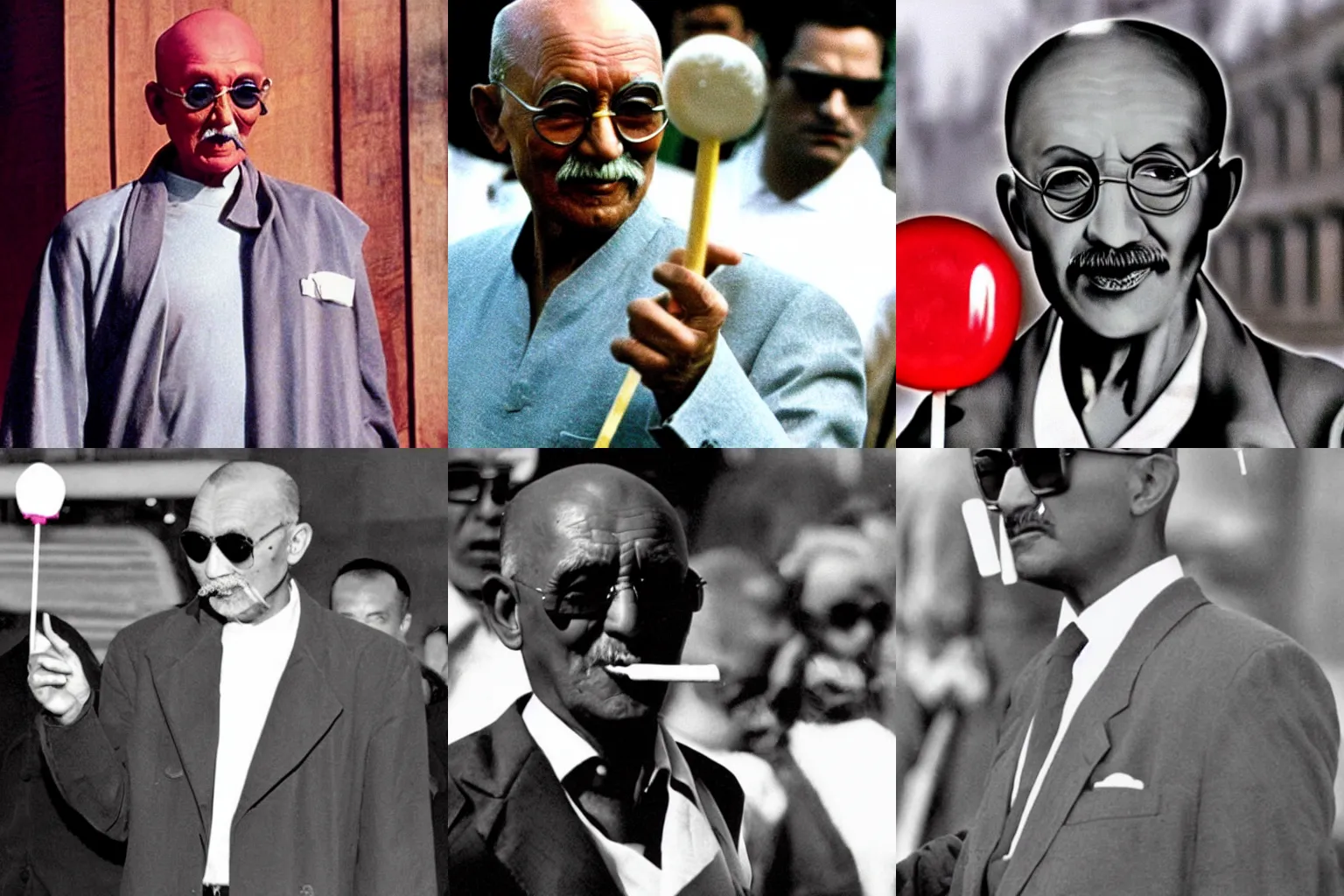 Prompt: Ghandi wearing sunglasses and a suit holding a lolly in the Matrix 1999