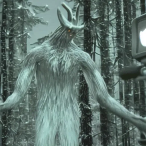 Image similar to realistic found cctv footage of wendigo sighting