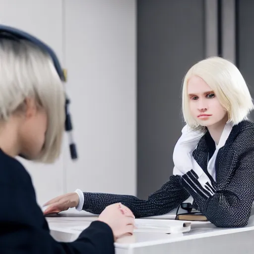 Image similar to 19-year-old Aristocratic platinum-blonde-haired hime-cut blue-eyed French empress wearing white leggings and black jacket, sitting in office, cchatting with communist officer, futuristic gadgets, HD photograph