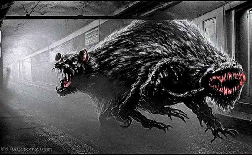 Image similar to very large giant mutant zombie irradiated ( angry rat ) staying on railways in tonnel of moscow subway. tonnel, railways, giant angry rat, furr, fangs, claws, very realistic. fog, extreme long shot, herman nitsch, giger.