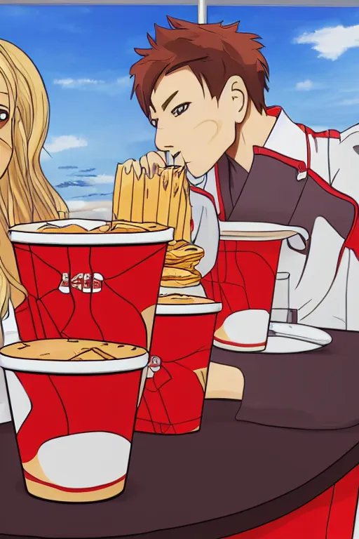 Prompt: a beautiful picture of two people have breakfast in kfc, empty, sky, anime, detailed, 8 k