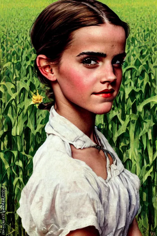 Image similar to photo photorealistic portrait photograph Emma Watson in a corn field 1950s portrait by Norman Rockwell