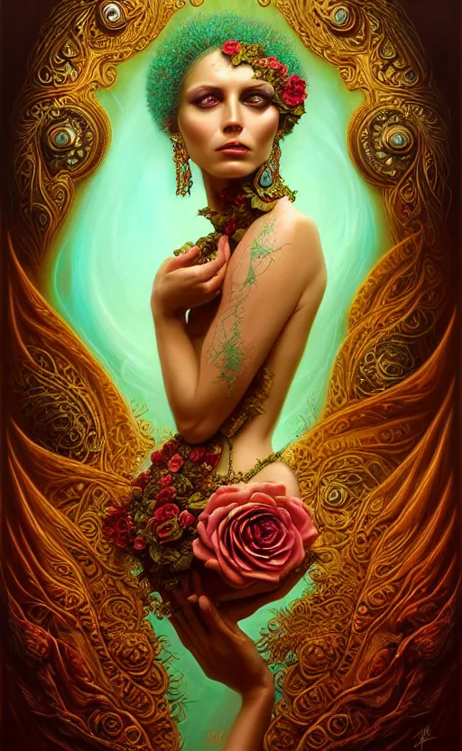 Image similar to portrait of a beautiful rose goddess, unusual beauty, esoteric, outher worldly colours, head in focus, fantasy art, ornamental rose turquoise aesthetics,, intricate, elegant, highly detailed hyperrealistic painting, artstation, concept art, painterly, golden ratio, sharp focus, illustration, art by tomasz alen kopera