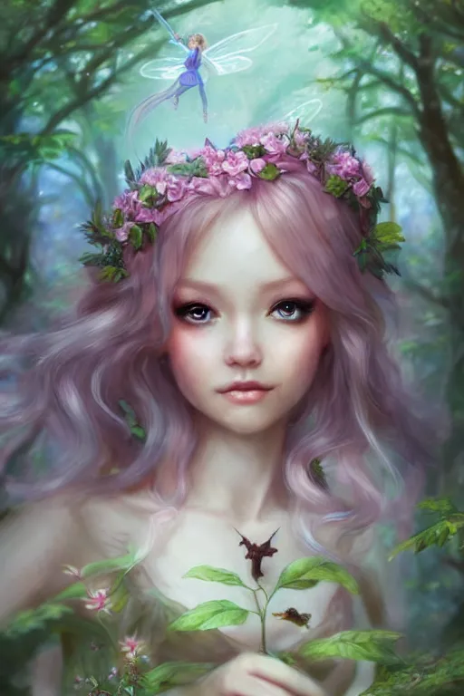 Image similar to a cute fairy in the dreamy forest, fantasy, 8 k resolution, hyper detailed, d & d, character design, digital painting, trending on artstation, sharp focus, illustration, art by artgerm, steve zheng, fuji choko, viktoria gavrilenko, hoang lap