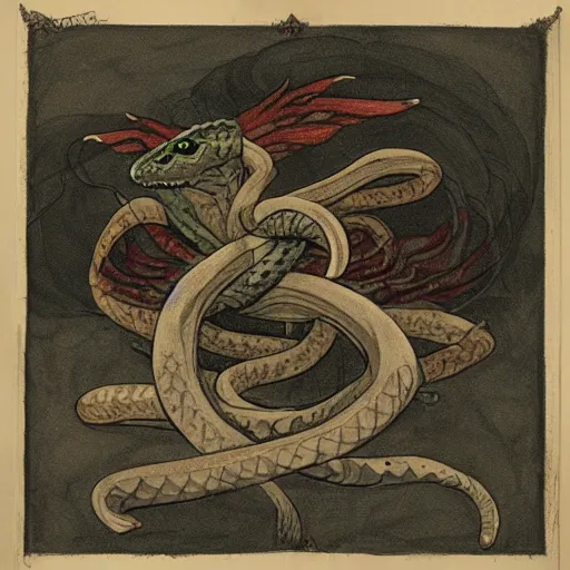 Image similar to an amalgamation of a snake, lizard, and humanoid with one angelic wing and one demonic wing with it's arms crossed in a dungeon