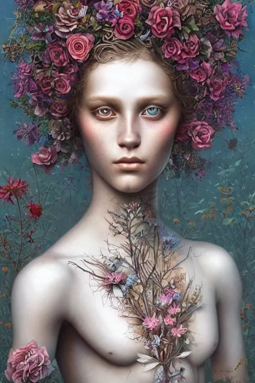 Image similar to humanoid robot, flowers growing on skin, highly detailed, expressive eyes, beautiful symmetric body, perfect proportions, highly intricate, art by tom bagshaw and alex gray