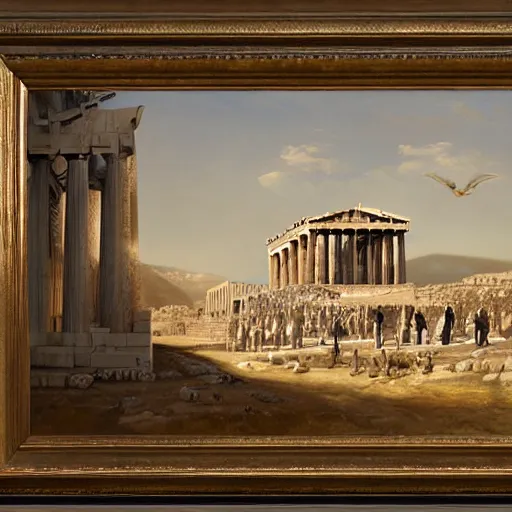 Image similar to the Parthenon with attached wings, flapping, oil on canvas, portrait, intricate, 8k highly professionally detailed, HDR, CGsociety