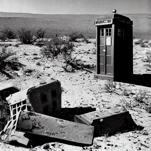 Prompt: fragments of a crashed TARDIS in the New Mexico desert. Debris. 1940s photograph.